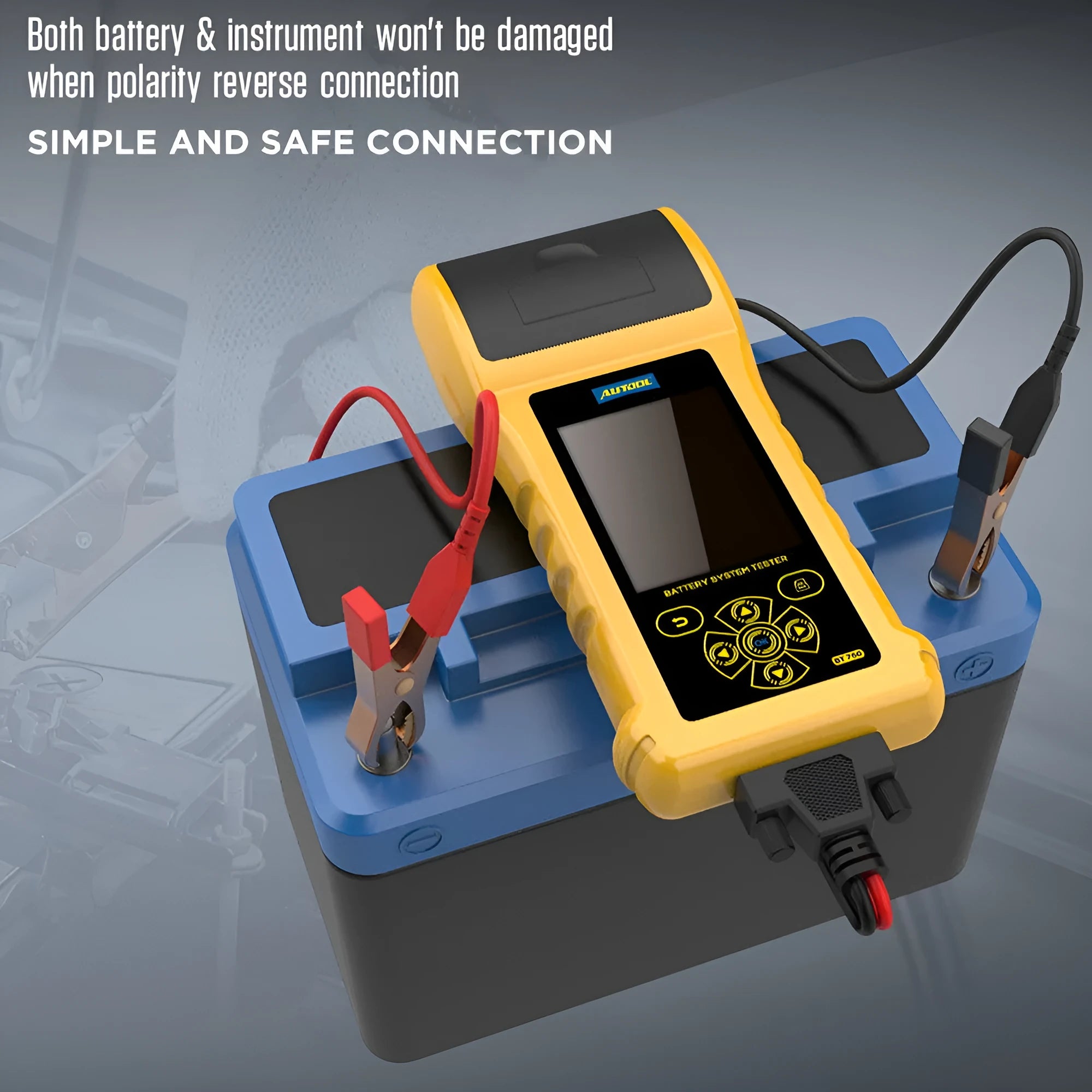 Autool BT-760 colour screen vehicle battery tester with red and black alligator clips.