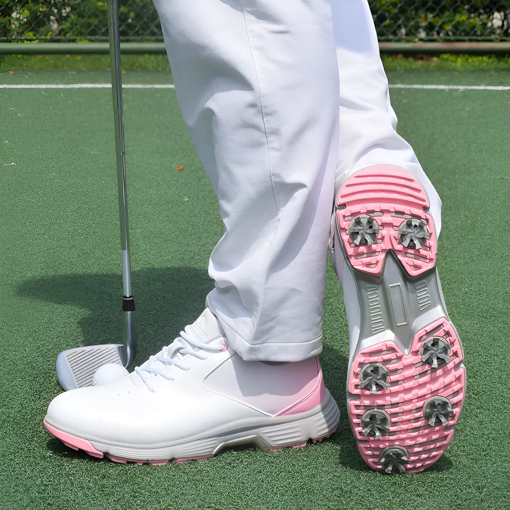 Women's waterproof golf sneakers in white, low-top with front lace closure and microfibre upper