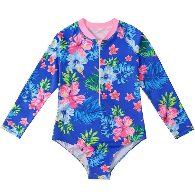 Girl's long-sleeve one-piece swimming suit in polyester briefs style