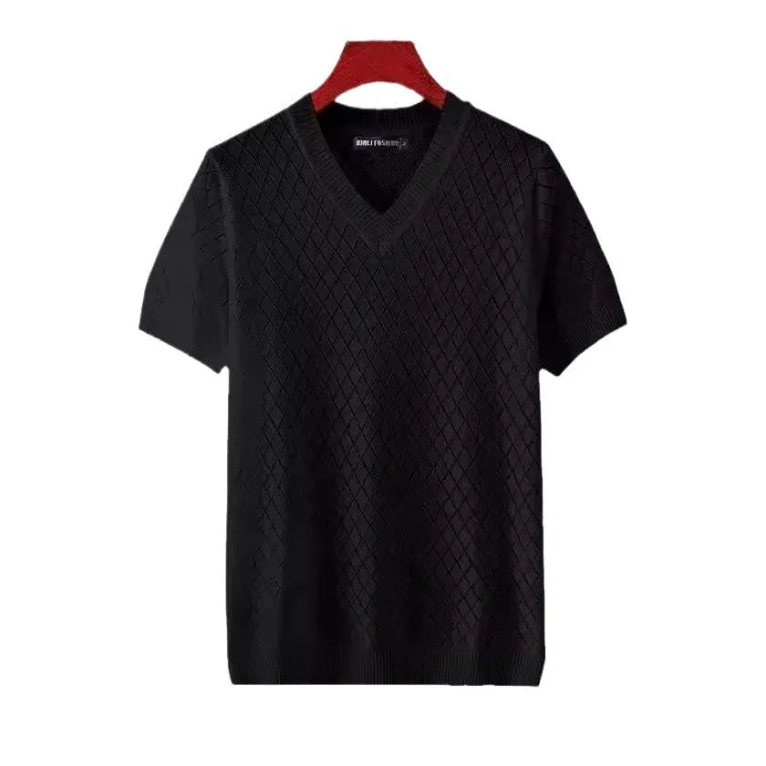 Men's Korean style ice silk t-shirt in black with V-neck, short sleeves, and polyester blend fabric.