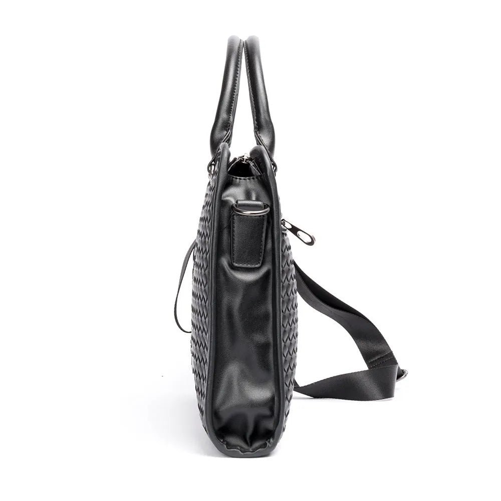 Men's stitching woven business casual briefcase in black PU leather with shoulder strap, solid colour design