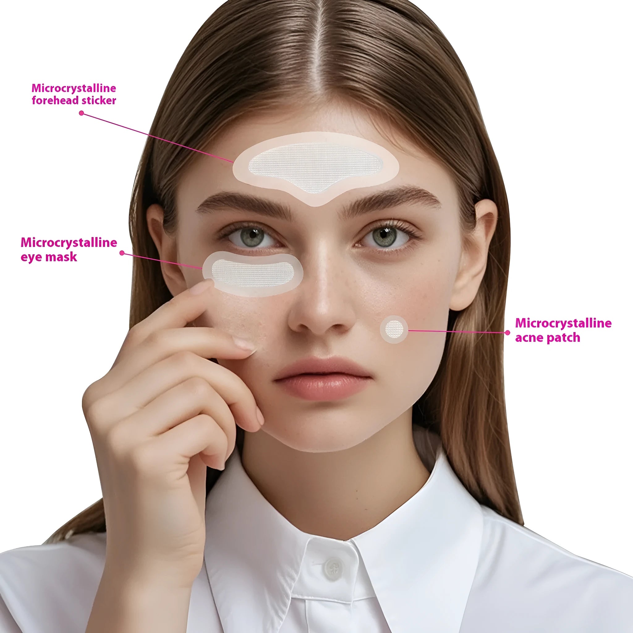 Transparent hyaluronic acid microcrystalline acne cover patches on skin.