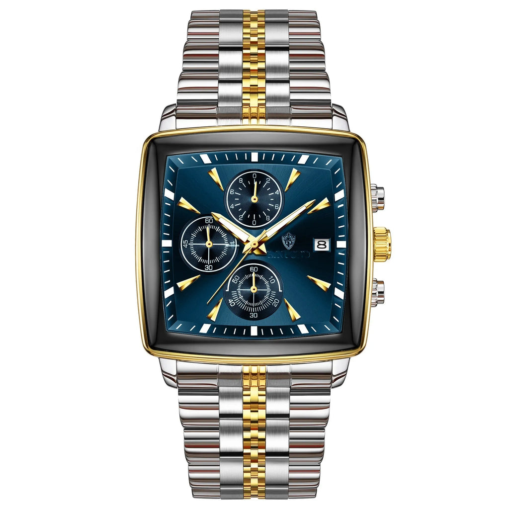 Men's rectangular stainless steel quartz watch with luminous hands and butterfly clasp in business style