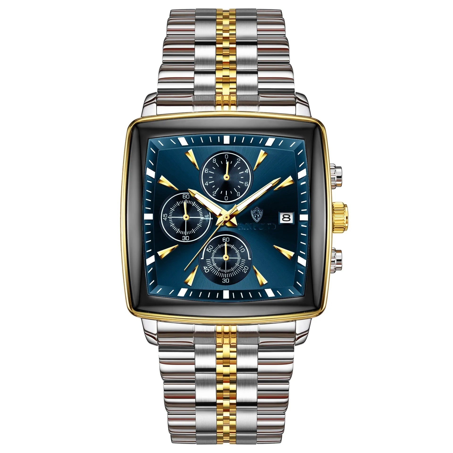 Men's rectangular stainless steel quartz watch with luminous hands and butterfly clasp in business style