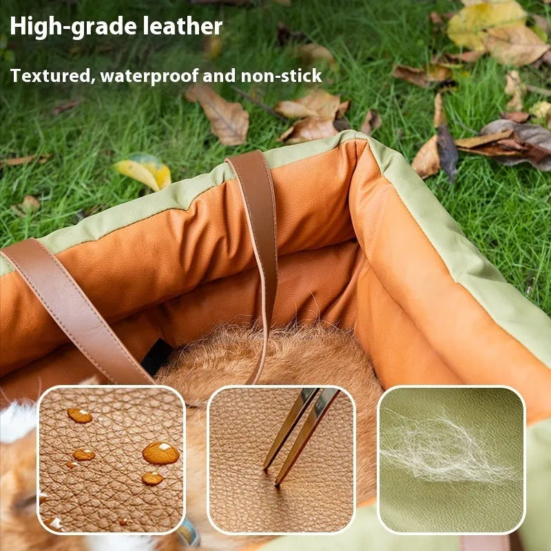 Portable cloth cat car kennel pet safety seat in brown colour on car seat