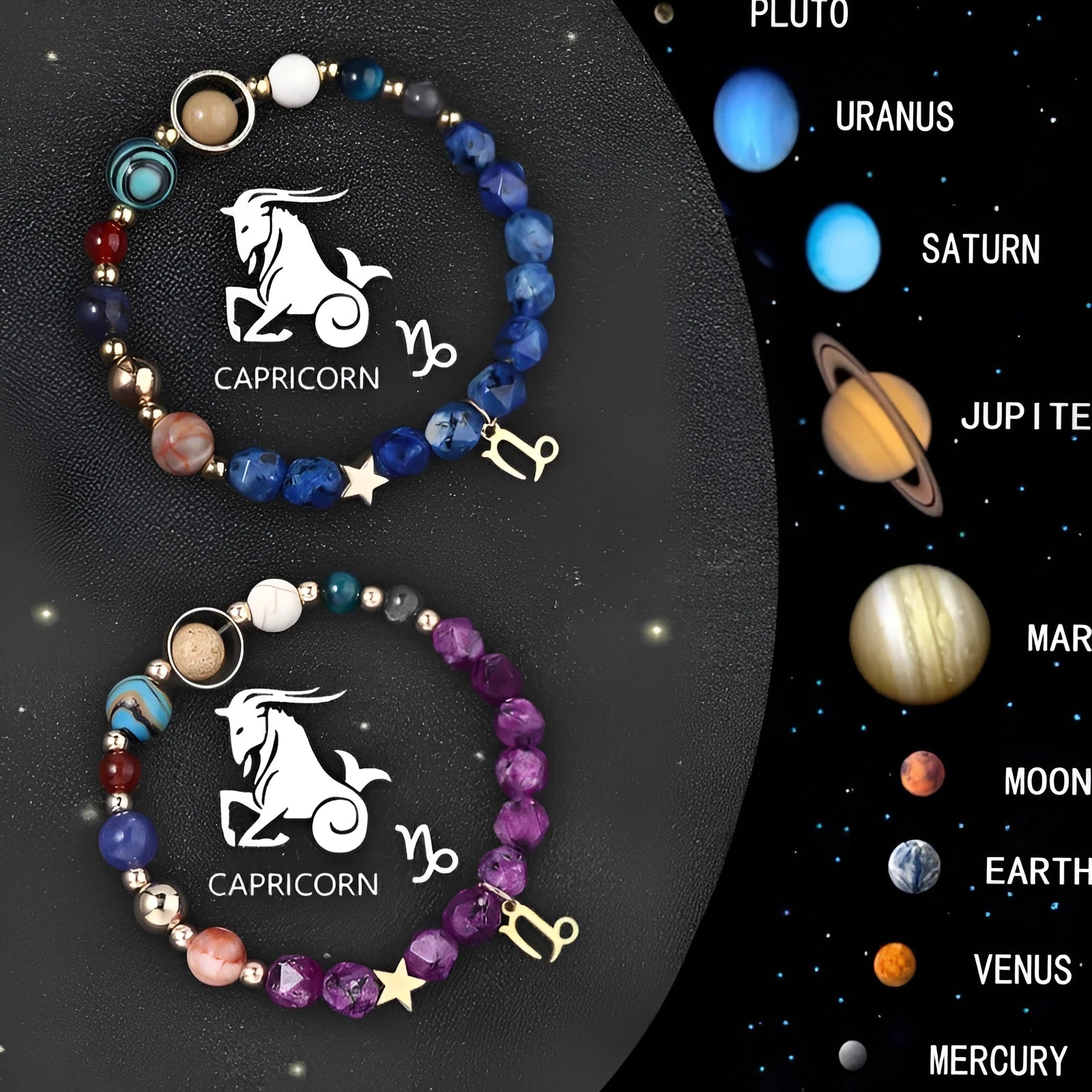 Set of twelve natural stone beaded bracelets for the Chinese zodiac signs on a white background.