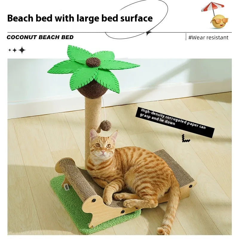 Wooden beach chair-shaped cat climbing frame with a scratch board and integrated nest.