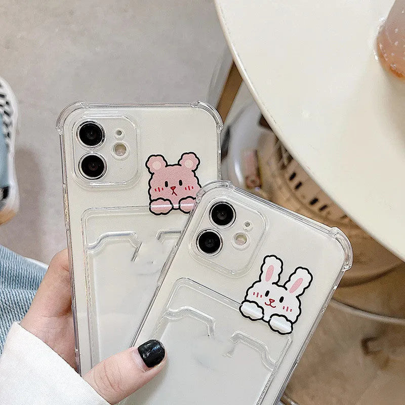 Cartoon design transparent iPhone case with integrated card holder slot in colour BQ2472.