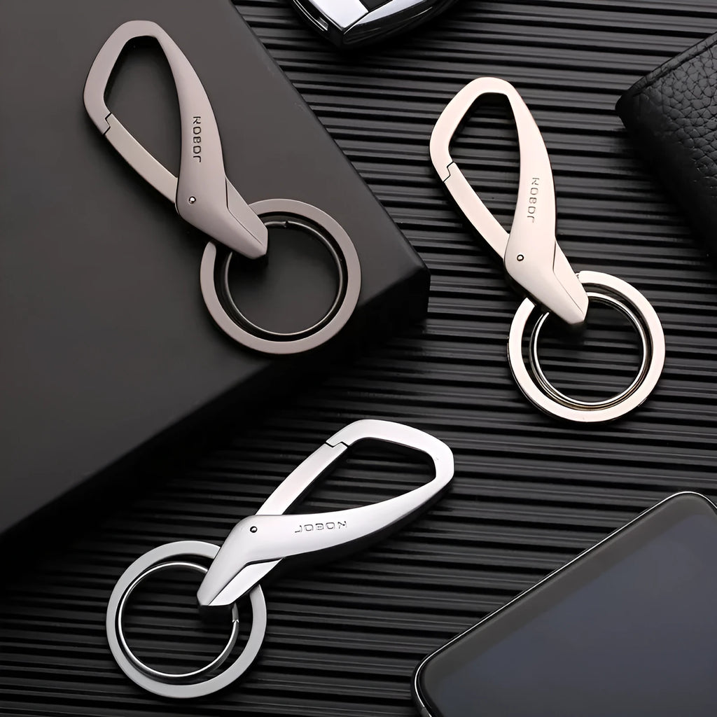 Zinc alloy double ring key chain for car keys in black, chrome, or nickel finishes.