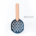 Blue plastic cat litter scoop with sifting holes for cleaning a litter box.