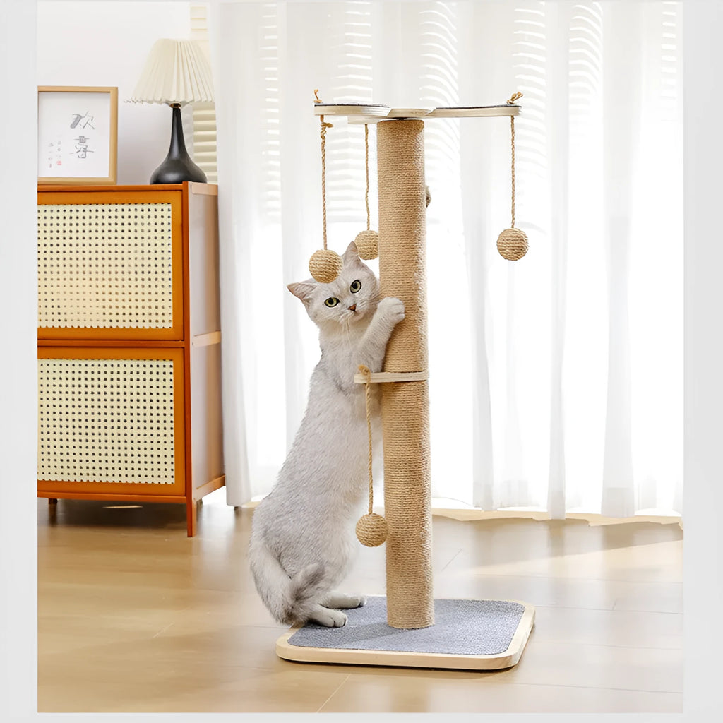 Pine wood cat climbing frame with carpet scratching surfaces and a windmill hanging ball toy.