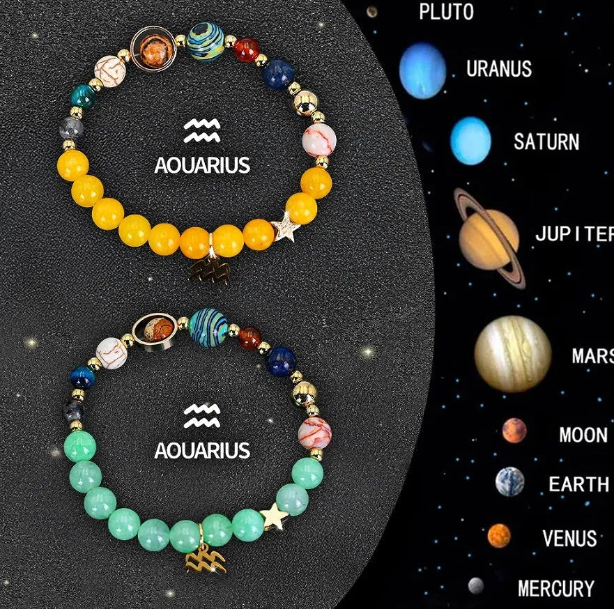 Pair of natural stone beaded bracelets with zodiac sign charms on an adjustable cord.