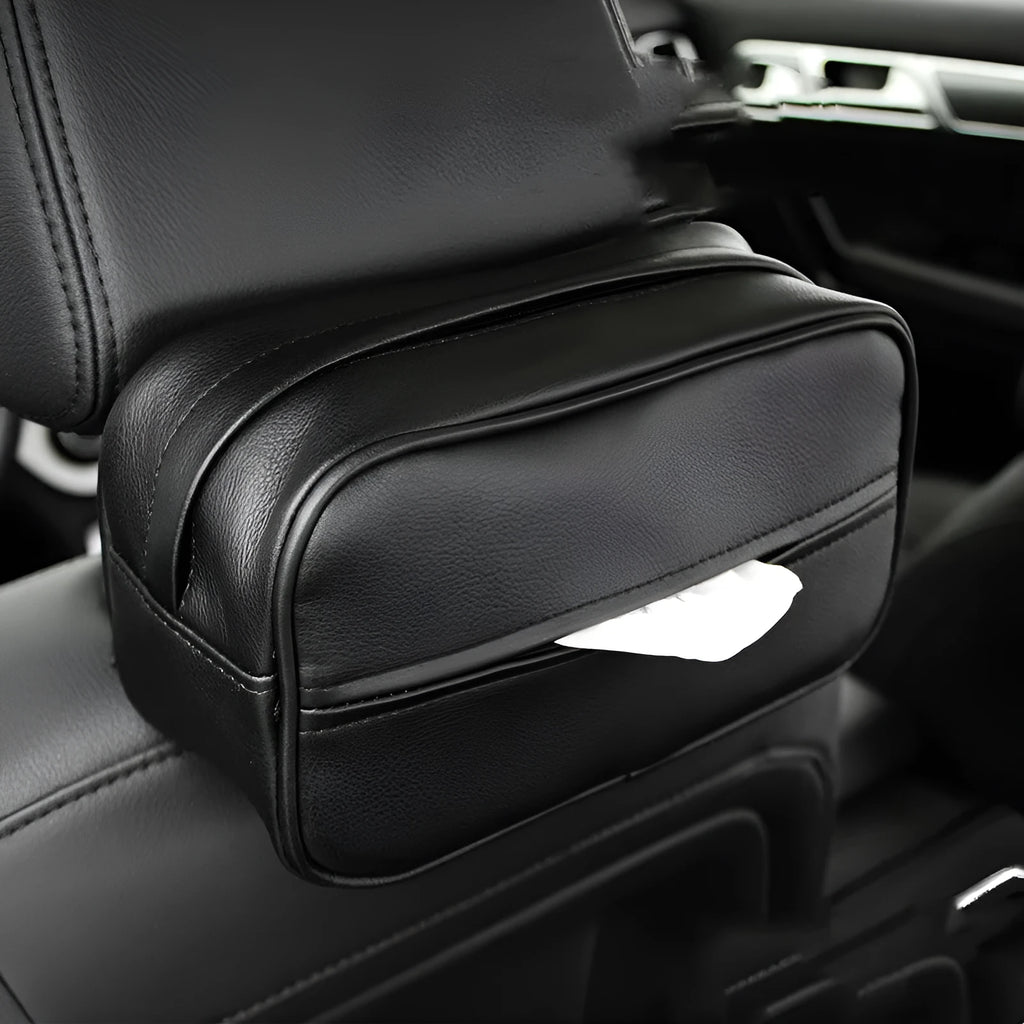 Black PU leather hanging storage box with hook for car or home organisation