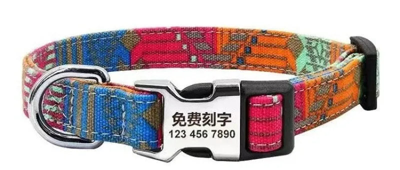 Colourful canvas dog collar with semi-metal buckle in striped floral pattern