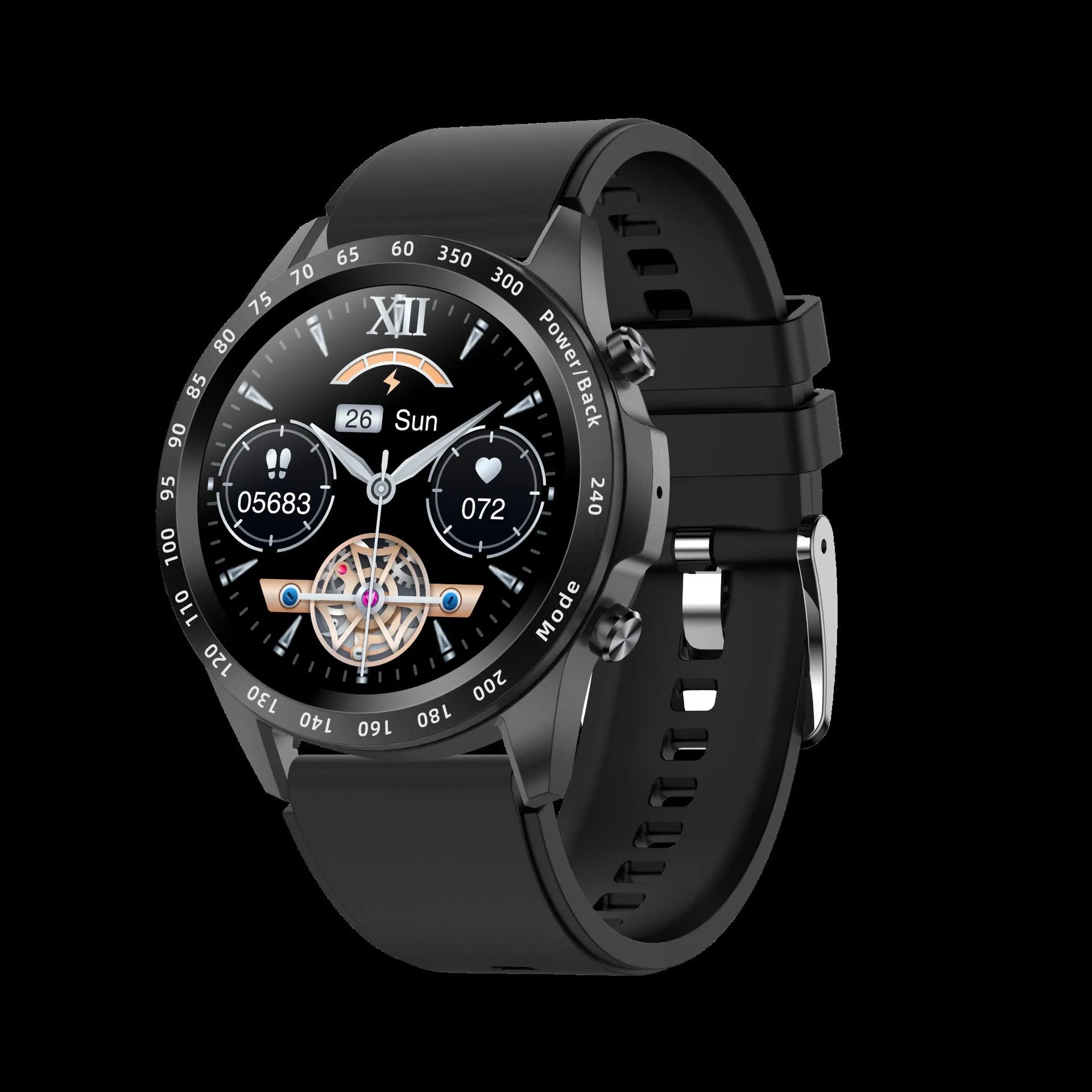 Zinc alloy Bluetooth smart watch with heart rate monitor on a leather strap showing its 1.3 inch touchscreen.