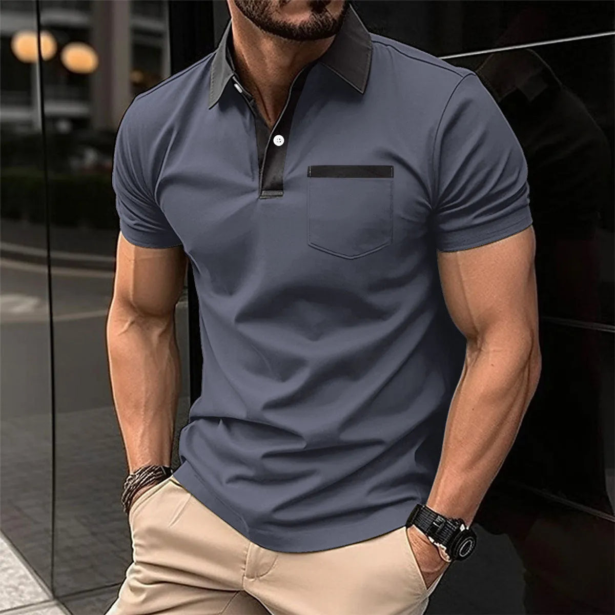 Men's cotton blend short-sleeve slim-fit polo shirt in navy blue with chest pocket, front view