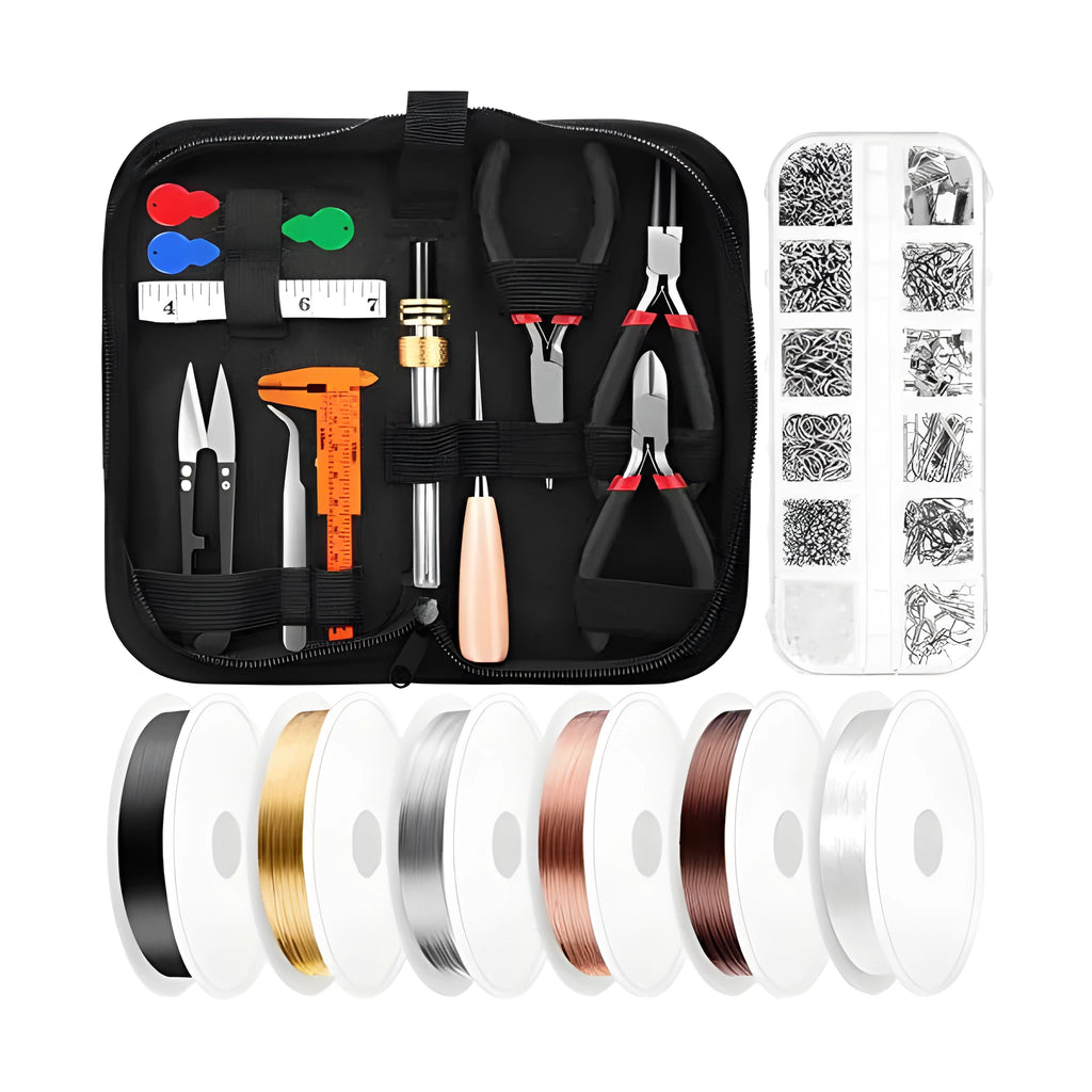 Jewelry making repair kit with metal beads, copper wire, and pliers in a compact 23cm case