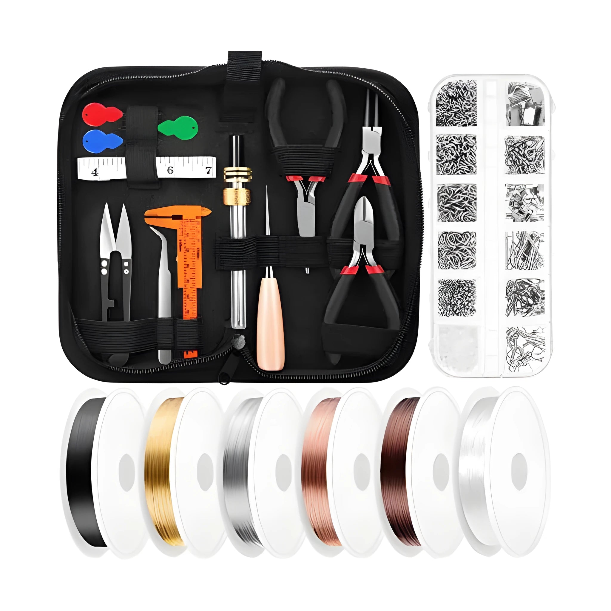 Jewelry making repair kit with metal beads, copper wire, and pliers in a compact 23cm case