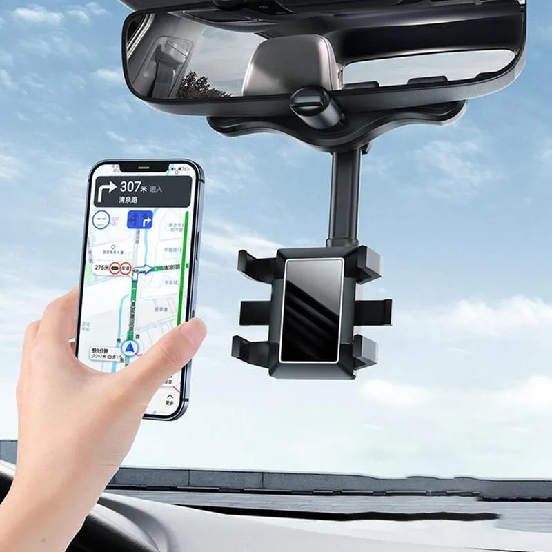 Black rearview mirror car phone holder with rotating head and telescopic arm extended.