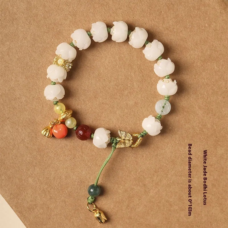 White jade Bodhi bracelet with hand-woven lotus and pumpkin beads on open rope design