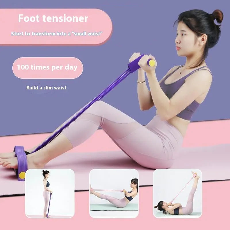 Yoga four-piece fitness set showing leg stretcher, yoga ring, pedal puller, and figure eight tension rope