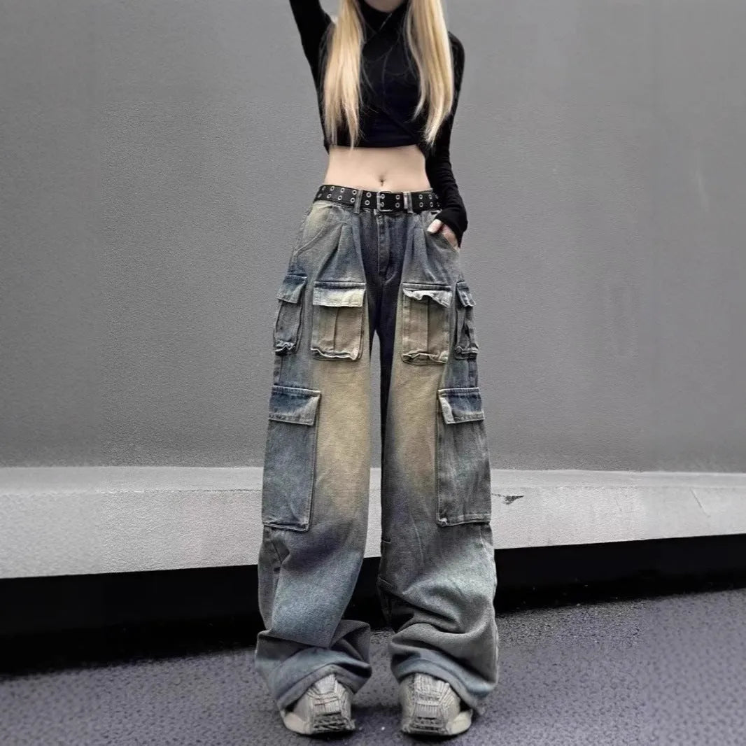 Men's loose fit distressed denim jeans with multiple pockets in light blue or black colours