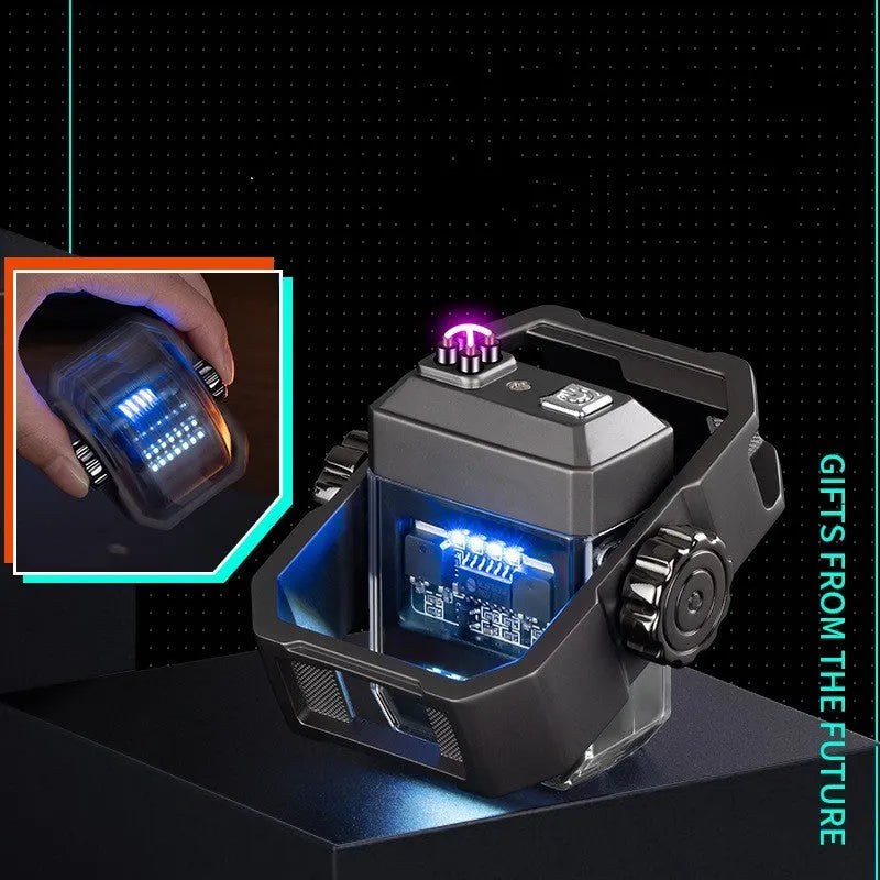 Blue windproof electric lighter with a double arc flame and a visible mechanical gyroscope mechanism.