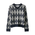 Women's diamond pattern contrast colour long sleeve knit sweater pullover regular fit
