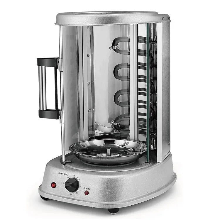 Black electric rotisserie oven with glass door and control knob for indoor smokeless grilling