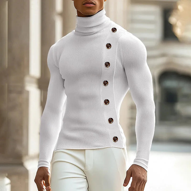 Men's casual slim fit turtleneck sweater with front buttons in black, side view