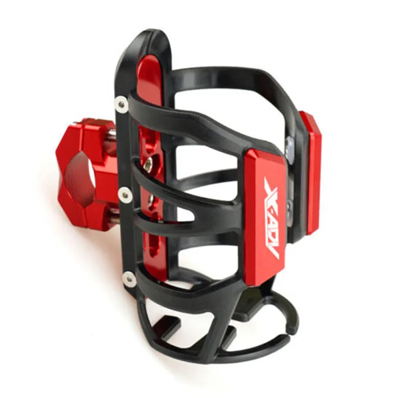 Black modified water bottle cage mounted on a Honda X-ADV scooter bumper.