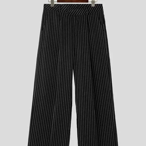 Men's black vertical striped pleated casual trousers showing elasticated waist and leg detail