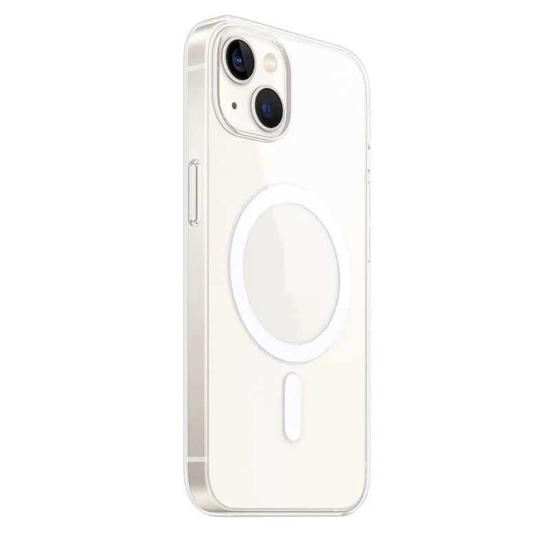 Full transparent magnetic phone case for iPhone, showing clear PC back cover design.