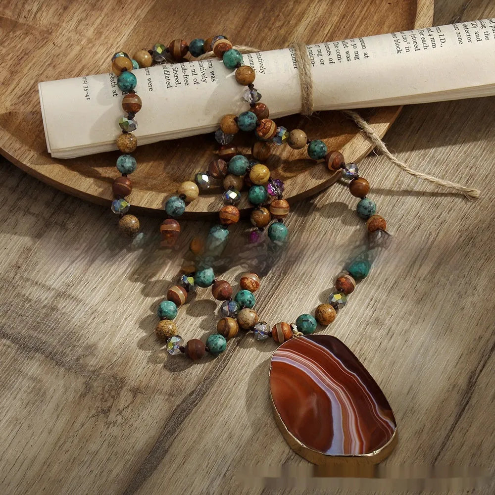 Bohemian handmade necklace with natural stone beads in brown, irregular agate pendant and knotted chain