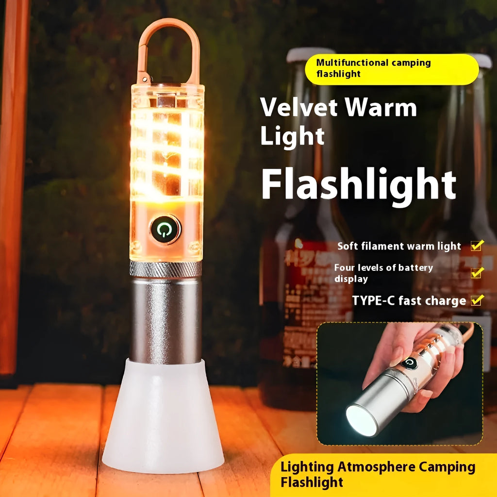 Orange 10W LED torch with optical zoom, hanging hook, and keychain attachment