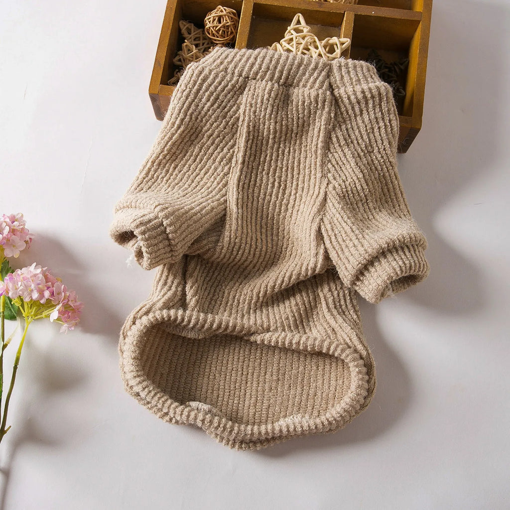 Brown knitted pullover sweater on a small dog, showing casual cloth design.