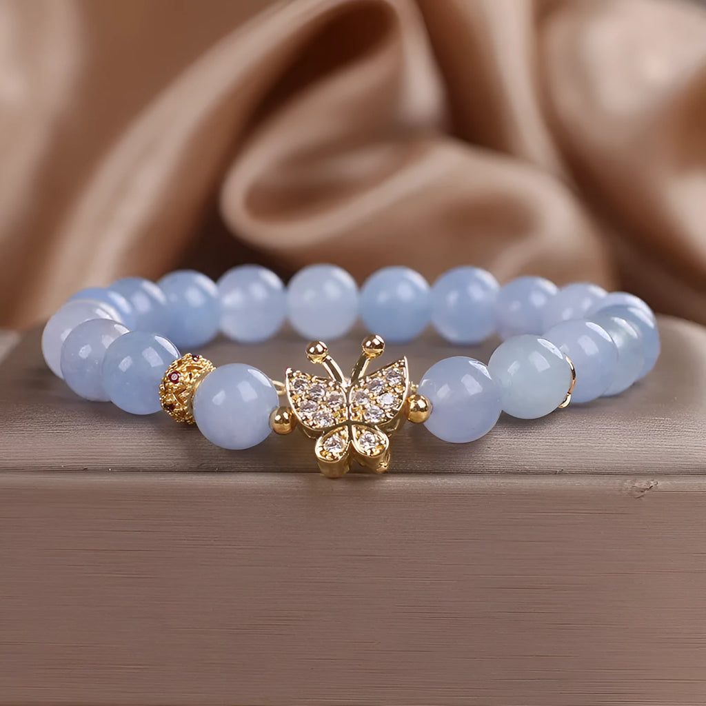 Sky blue aquamarine butterfly crystal bracelet for women with rhinestones and pearls on 17cm electroplated chain