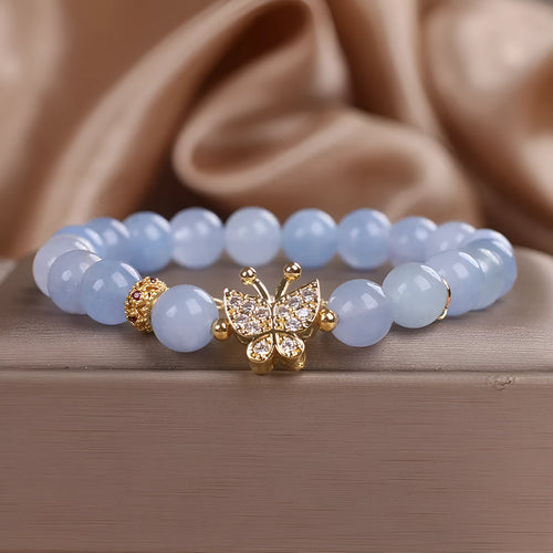 Sky blue aquamarine butterfly crystal bracelet for women with rhinestones and pearls on 17cm electroplated chain