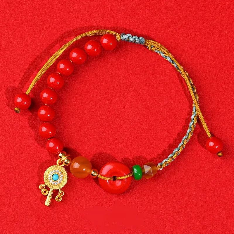 Women's cinnabar peace buckle bracelet in emperor red sand colour with hand-woven national style geometry design