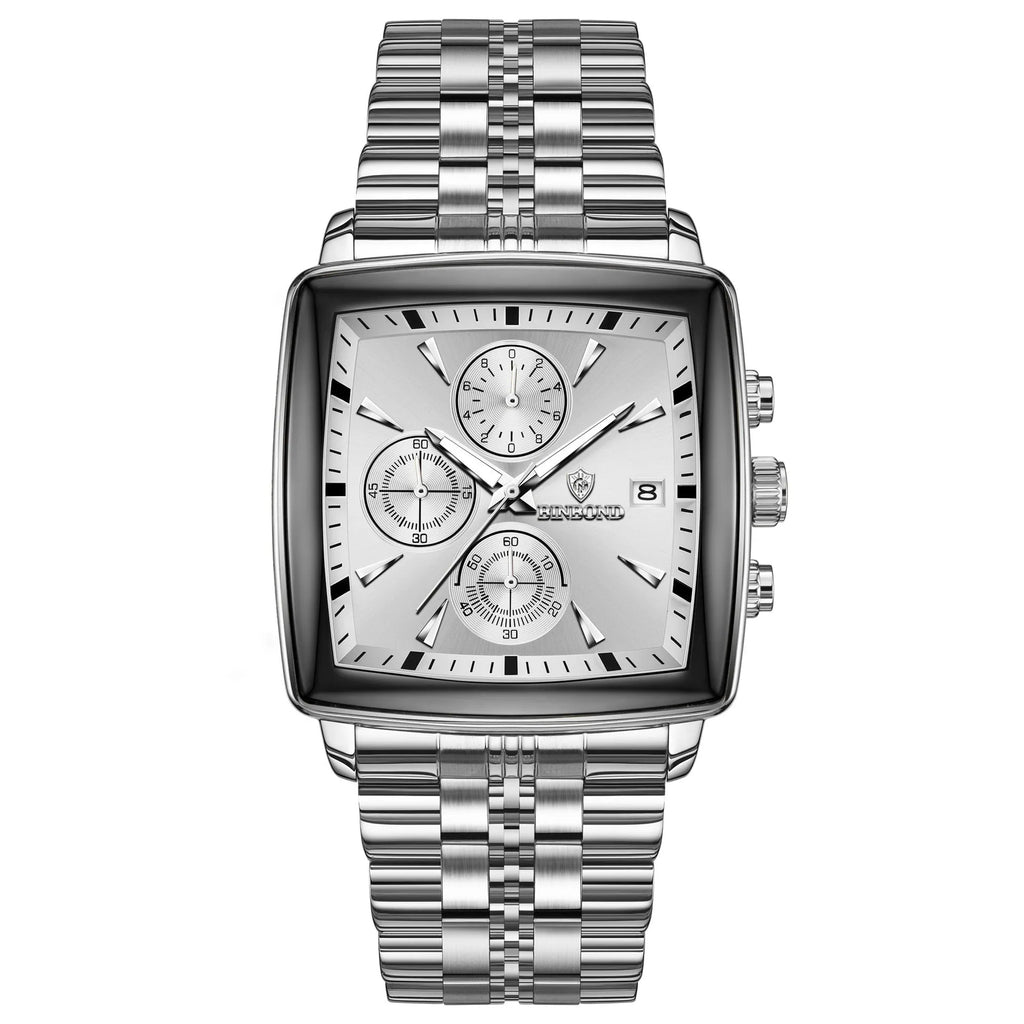 Men's rectangular stainless steel quartz watch with luminous hands and butterfly clasp in business style