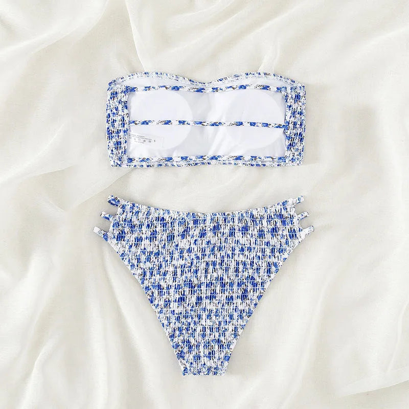 Women's strapless floral bikini set with high-waisted briefs on a white background