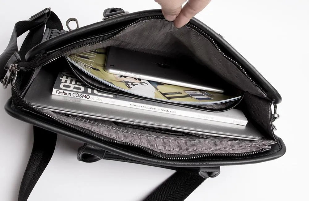 Men's stitching woven business casual briefcase in black PU leather with shoulder strap, solid colour design