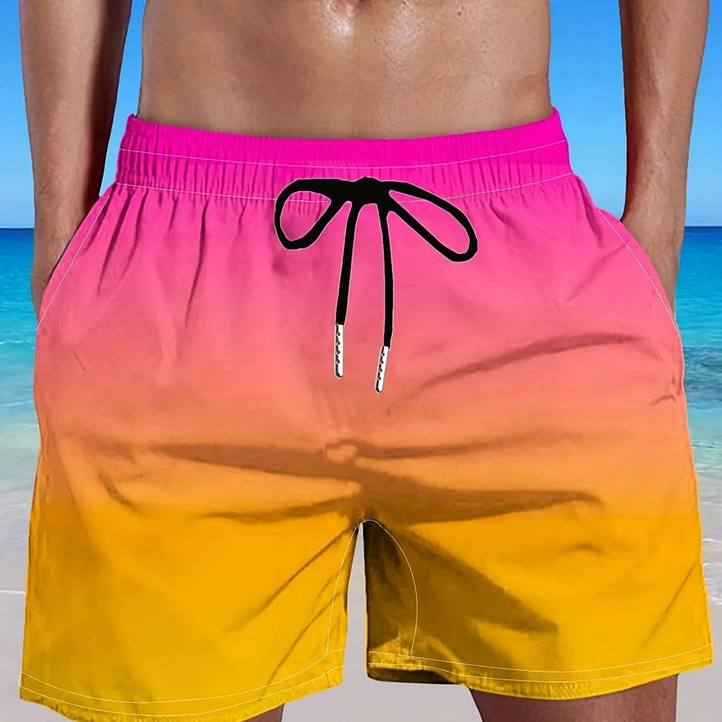 Men's sport shorts with a gradient colour 3D digital print on grey mesh fabric.