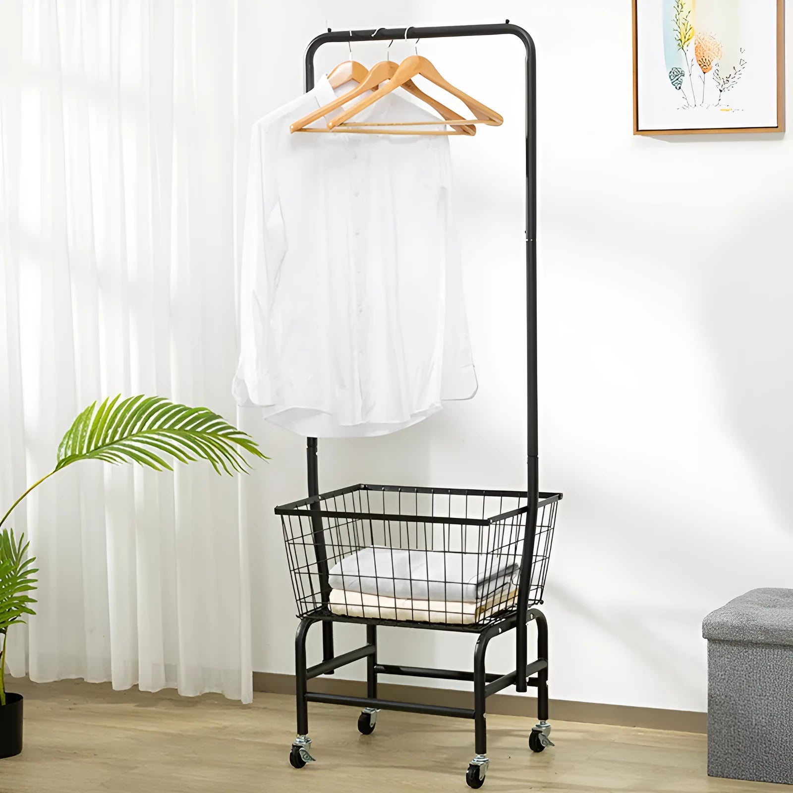 White single rod pulley storage car on castors with clothes hanger