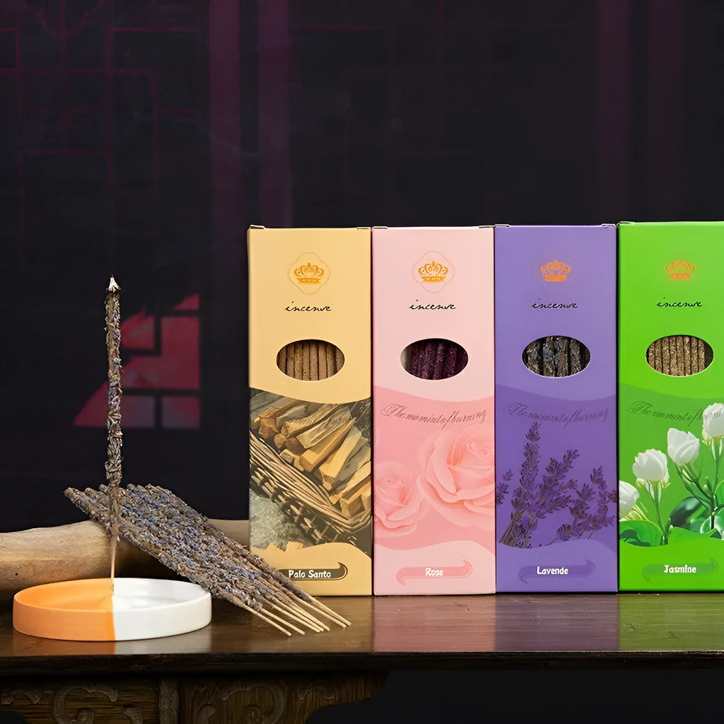 Box of handmade Argentinian stick incense with petal ingredients for indoor aromatherapy.