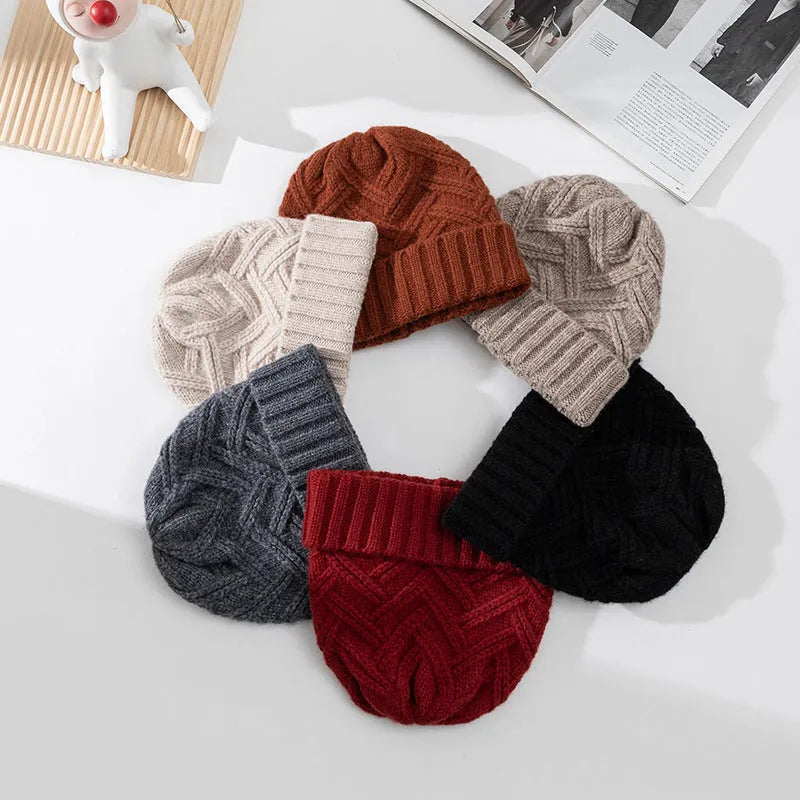 Wool knitted dome beanie hat in six colour options showing ivory white, khaki, red, brown, gray, and black variations