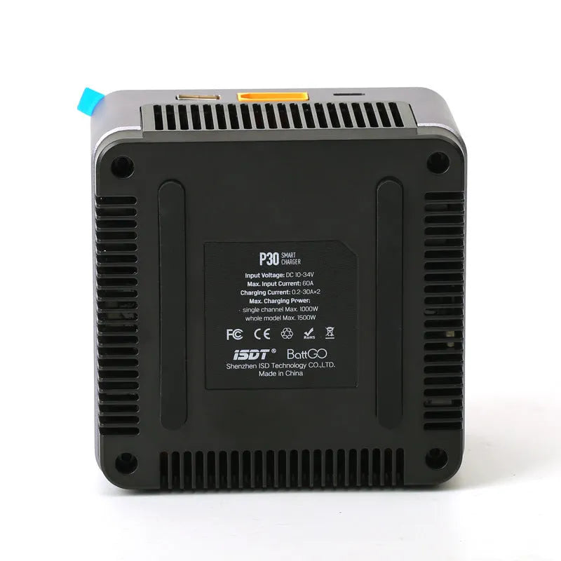 P30 dual-channel smart balance charger for lithium batteries with two slots, dimensions 110x110x65mm