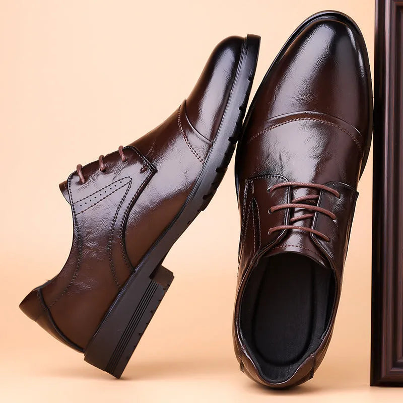 Men's business formal leather shoes with cow split leather upper, pointed toe, black colour, low shoe height on a white background