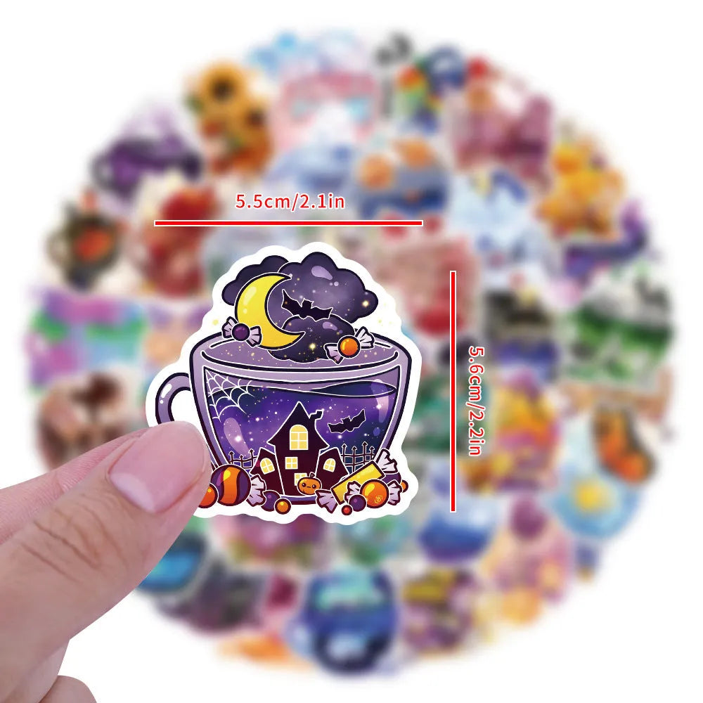 Colourful tea cup design waterproof stickers in Nordic style, set of 50 pieces for luggage and scooter decoration.