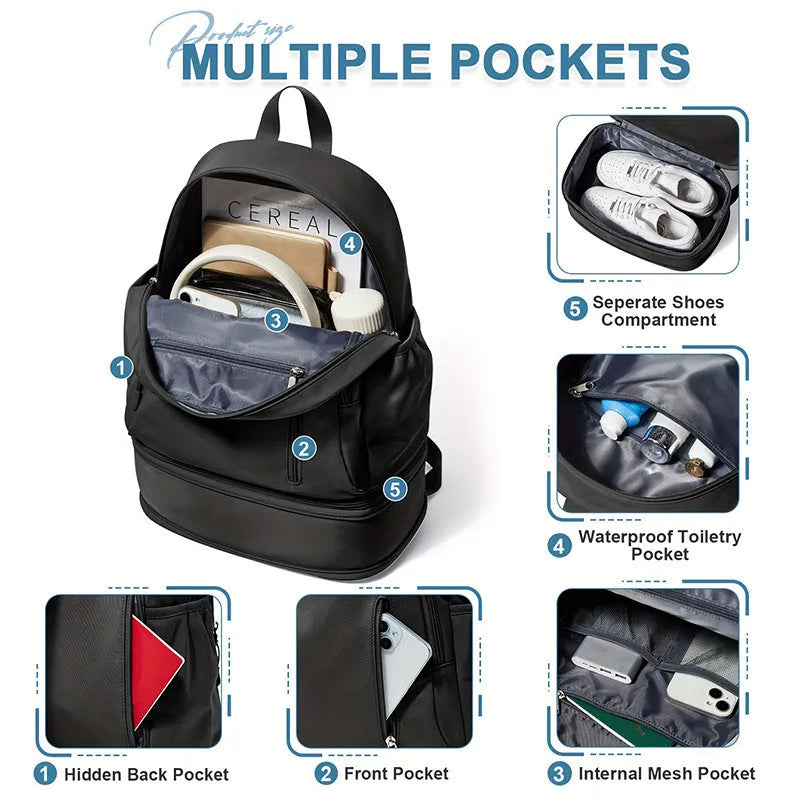 Women's casual backpack in polyester with curved shoulder straps showing decorative stitching details